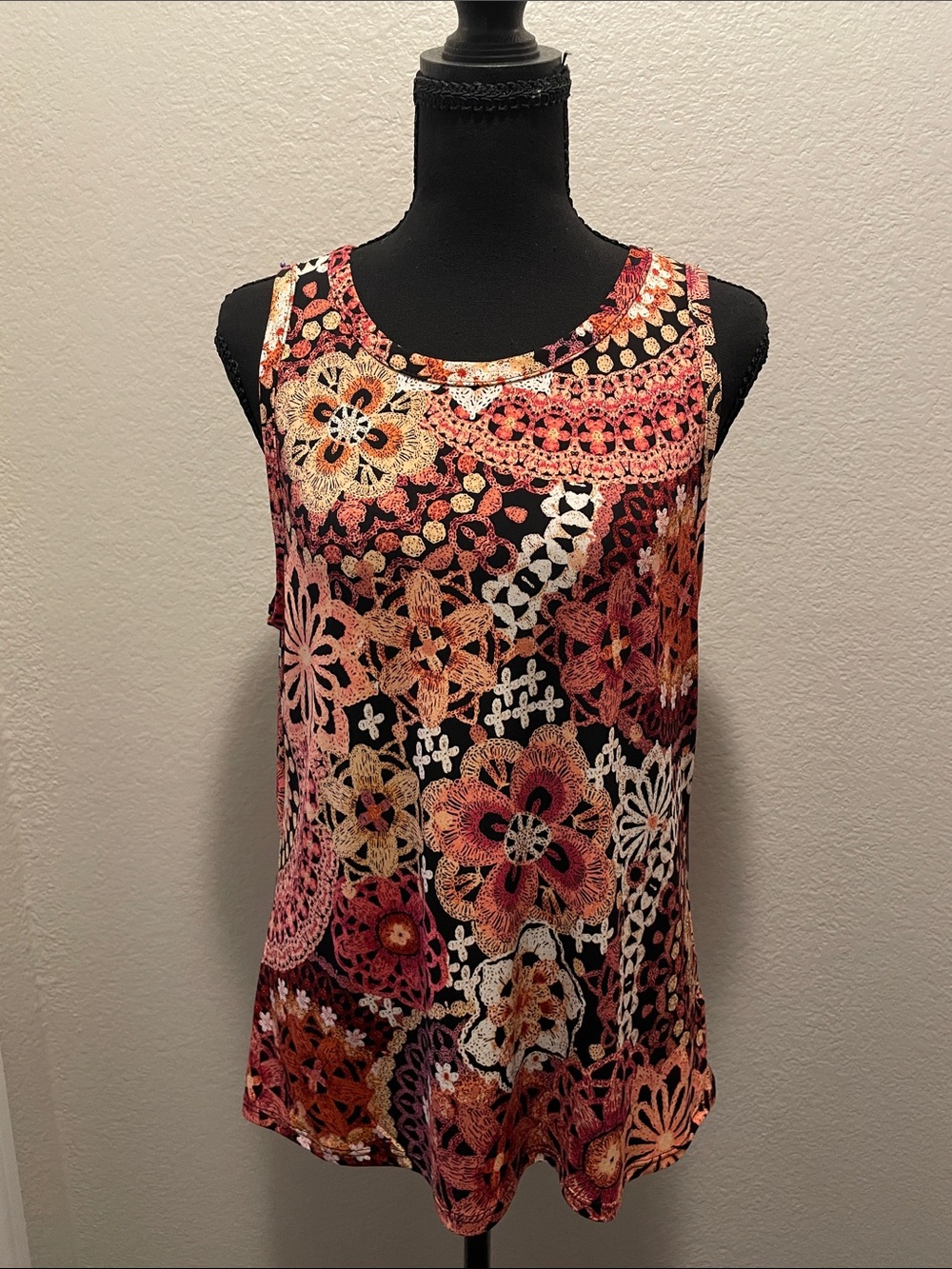 Vince Camuto Black Tank with Pink and Orange Floral Crochet Print